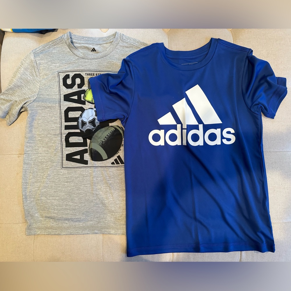 Two Adidas Kids Youth Size Small Blue and Gray Graphic Tees